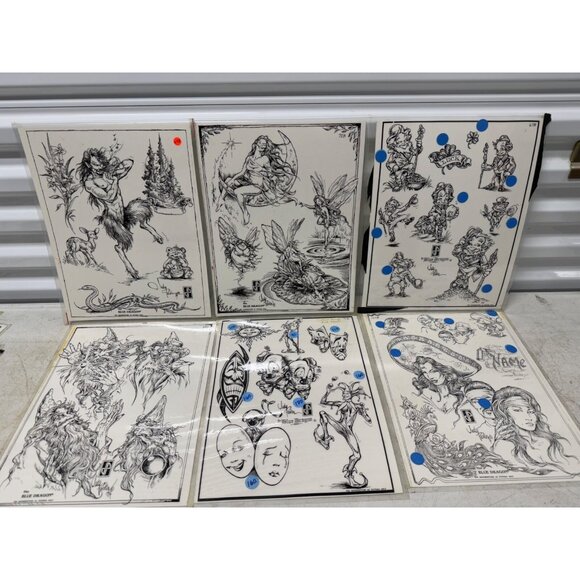 Vintage Art Tattoo Flash Sheet Lot Judy Parker 1994 Blue Dragon Wizards, Fairy